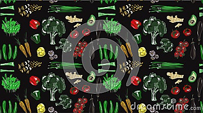 Bright pattern of vegetables on a transparent, black or color background. Tomatoes, broccoli, avocado, onions, eggplant, carrots, Vector Illustration